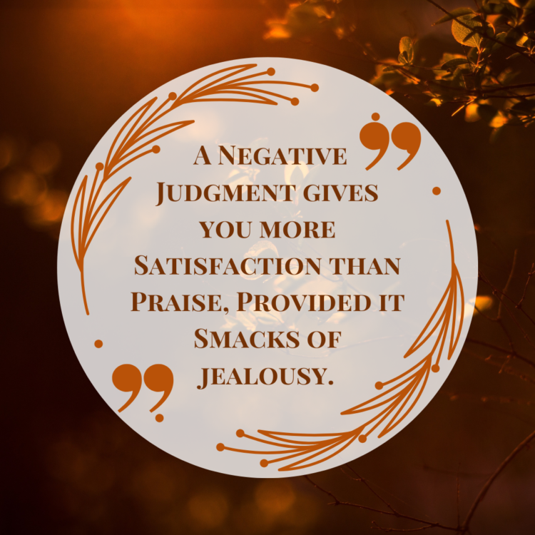 A negative judgment gives you more satisfaction than praise, provided it smacks of jealousy.
